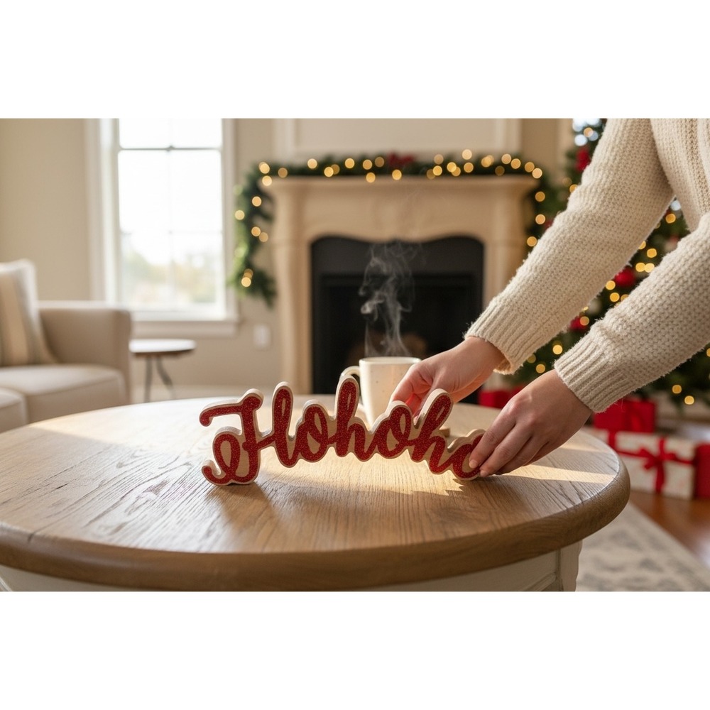 Holiday Style Tabletop Decor Ho ho ho Red Glitter Wood Sign Christmas Accent